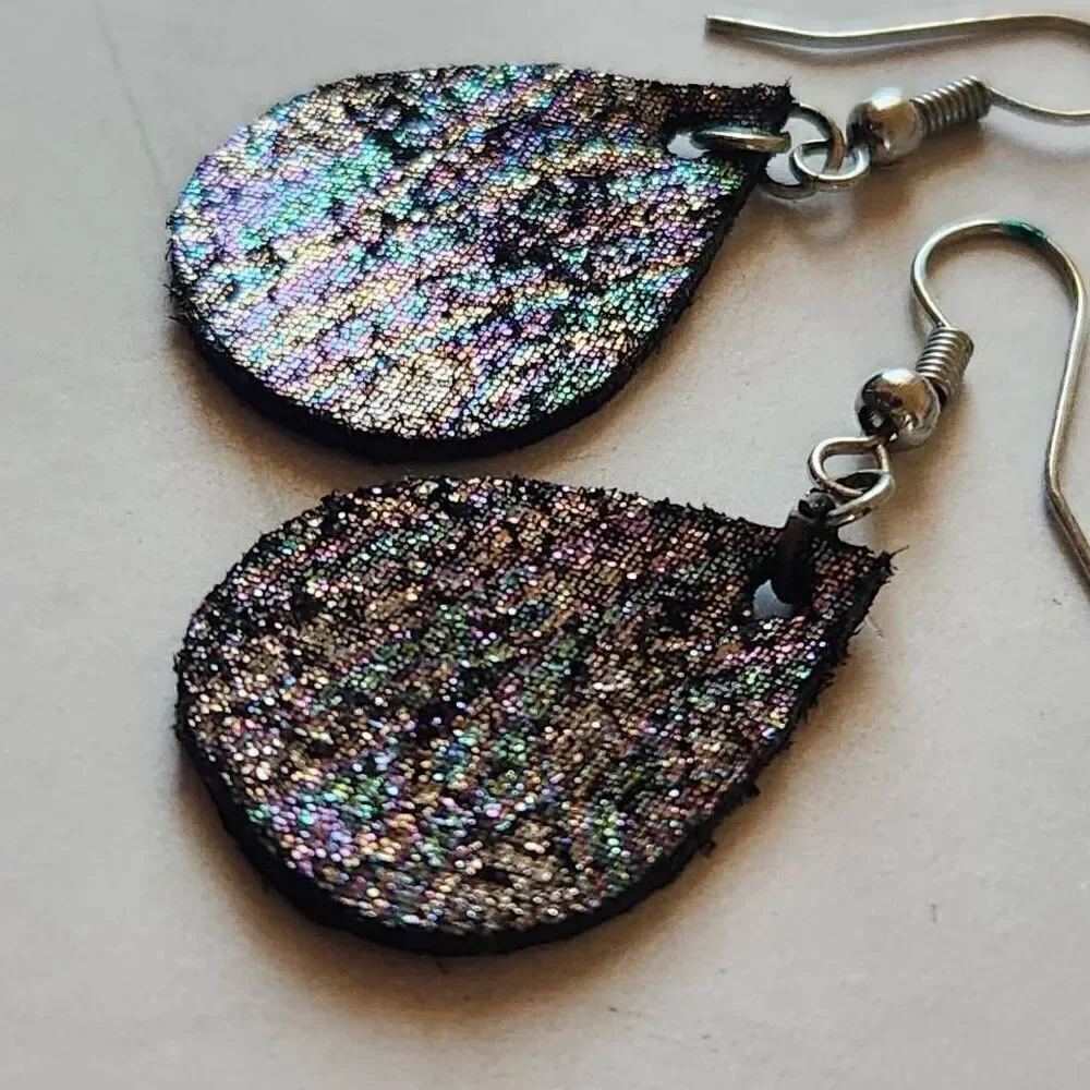 Iridescent teardrop leather earrings glitter black purple shiny glam dangle